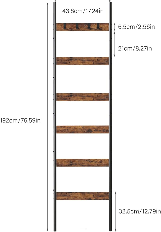 Blanket Ladder, 6-Tier Towel Holder with 4 Removable Hooks, Farmhouse Wall Leaning Decorative Rack Shelf, Wooden Towel Display Rack, Quilt Ladder for Living Room, Bedroom, Rustic Brown