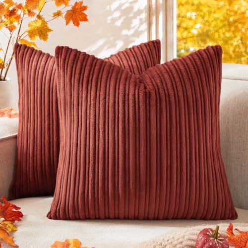 Kevin Textile Striped Corduroy 18”x18” Pillow Covers 2 Pack, Burnt Brick