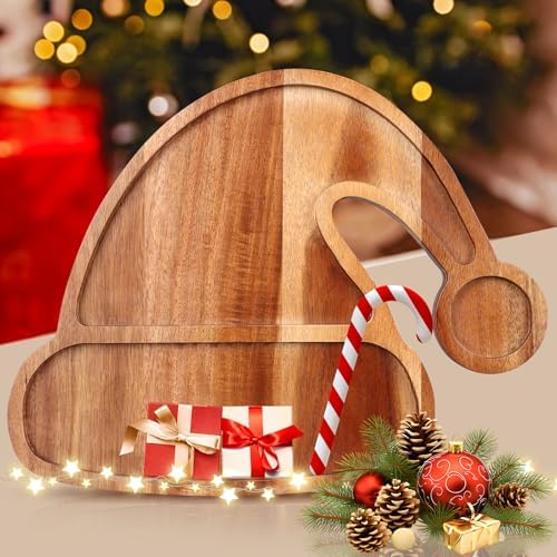 Acacia Wood Christmas Hat Tray - Decorative Serving Platter, Festive Plate, Xmas Dish & Wooden Charcuterie Board for Holiday Gift, Cheese, Fruit, Veggie & Cookie, Food, Snack, 14” x 11”