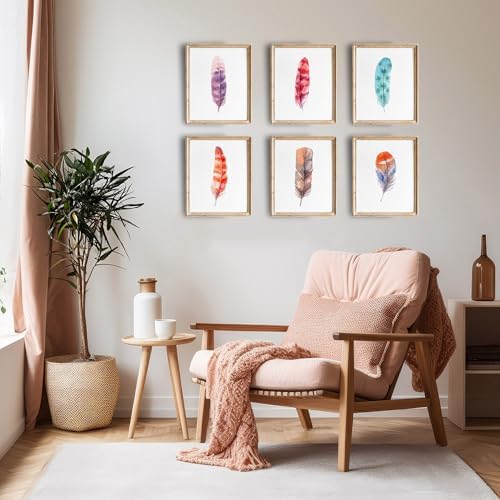 Feather Wall Art Prints (Set of 6) - Unframed - 8x10s | Rustic Decor Wall Art | Perfect for Adding a Touch of Nature and Sophistication to Your Home Dcor | Nature Wall Art | Farmhouse Wall Dcor