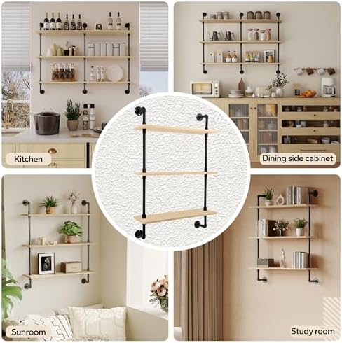 3-Tier Industrial Pipe Floating Shelf – Rustic 24 inch Wood Wall-Mounted Storage Shelf for Kitchen Office,Bathroom & Home Decor -White Oak