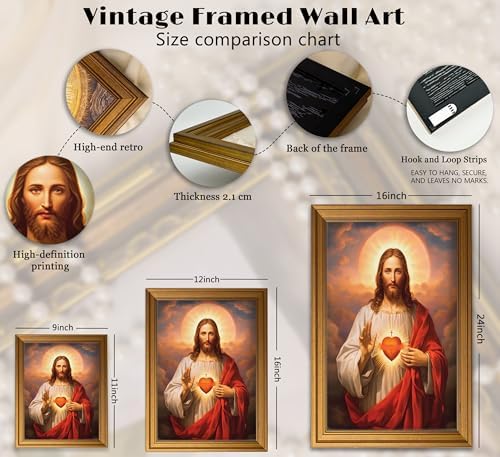Vintage Gold Framed Jesus Wall Art Sacred Heart of Jesus Christian Canvas Prints Divine Mercy Picture Christ God Portrait Religious Beliefs Painting Poster Artwork for Living Room Bedroom Church