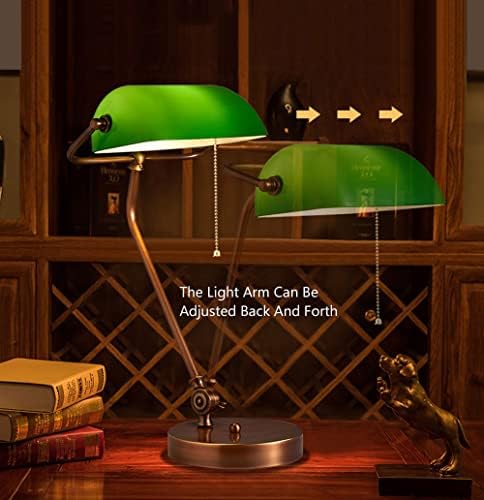 Table lamp Emerald Green Glass Reading Light Copper Base 1920's Classic Banker lamp Green Pull Switch LED Desk lamp Adjustable 360 Degree lampshade Office/Bedroom/Study E27 (Model-G)