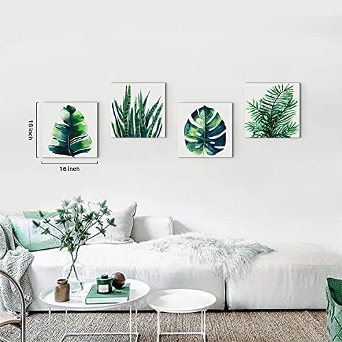 Tropical Plant Wall Art Boho Bathroom Decor Green Monstera Canvas Prints Bedroom Painting Botanical Posters for Kitchen Living Room Home Decorations Leaf Pictures Minimalist Artwork 16×16" 4Pcs/Set