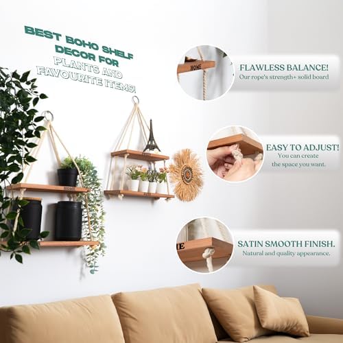 Hanging Shelves for Wall, Living Room, Bedroom - Boho Room Decor Aesthetic - Hanging Plant Shelf Decor - Floating Shelves - Rope Shelves for Bedroom Aesthetic | Boho Decor by NWOOD | Design Patented