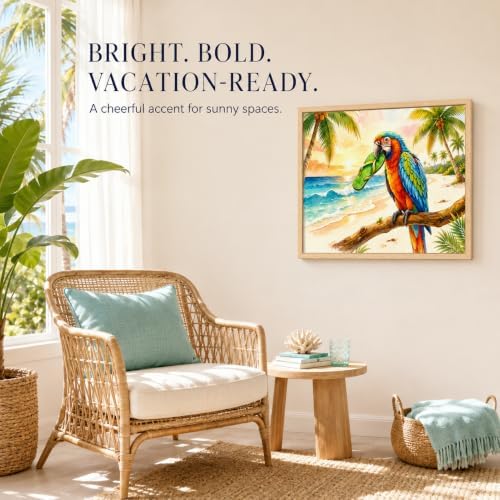 Framed Funny Parrot Bathroom Wall Art, Tropical Macaw Coastal Canvas Print | Coastal Beach Decor Colorful Bird Picture for Bath Pool House Tropical Palm Tree Poster Beach House Wall Decor 16x24Inches