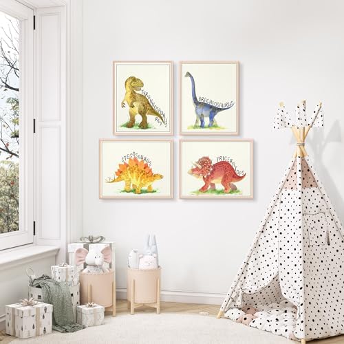 DREAM BIG PRINTABLES Dinosaur Watercolor Art Prints (Set of 4) - Unframed - 8x10s | Set includes Tyrannosaurus Rex (T-Rex), Triceratops, Stegosaurus, and Brachiosaurus | Kids Wall Decor