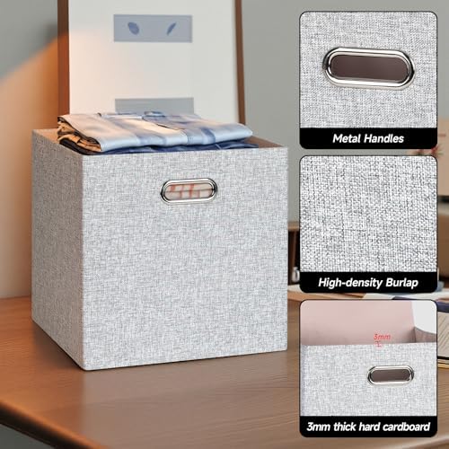 Posprica Collapsible Storage Bins,13×13 Foldable Storage Cube Boxes Fabric Drawer Fabric Storage Bins Vinyl Record Woven Gray, 4 Pack