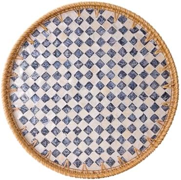 Round Rattan Tray with Mother of Pearl Inlay, Rattan Serving Tray with Wooden Base, Decorative Wicker Basket for Table Decor, Storage and Display of Coffee Bread Food Fruit (Checkerboard 13.5")