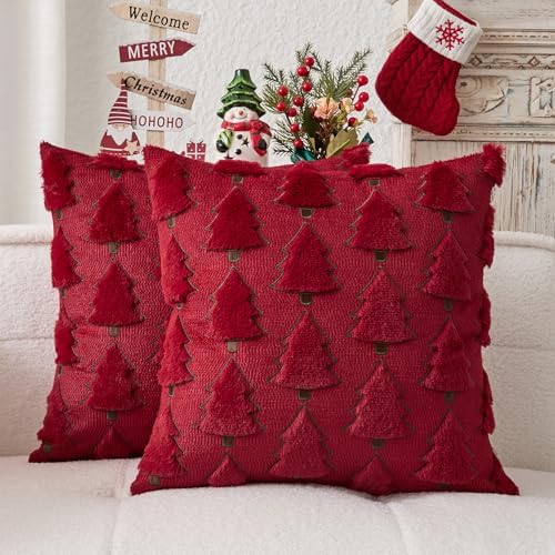 Kevin Textile Christmas Tree Pillow Covers 20x20 Inch Set of 2 Luxury Embroidery Soft Plush Faux Fur Decoration Pillowcases for Couch Sofa Holiday Festivals Winter Xmas Gift, Burgundy & Green