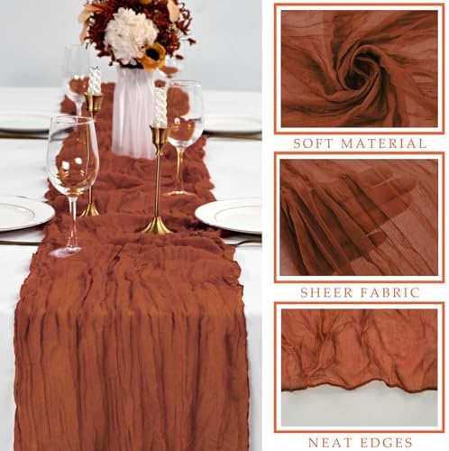 6 Pcs Cheesecloth Table Runner 10FT Terracotta Runner for Tables Gauze Fabric 35 x 120 Inches Long Boho Table Runner Decor Rustic Sheer Runner for Wedding Birthday Bridal Shower Party (Terracotta)