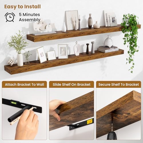 Fun Memories 72 Inch Fireplace Mantel Set of 2, Long Floating Shelf for Bedroom|Living Room, Wall Mounted Farmhouse Display with Invisible Heavy Duty Metal Bracket, Rustic Brown