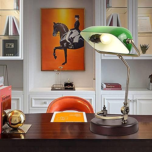 Table lamp Emerald Green Glass Reading Light Wooden Base 1920's Classic Banker lamp Green Pull Switch LED Desk lamp Adjustable 360 Degree lampshade Office/Bedroom/Study E27. (Model-B)