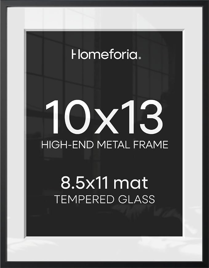 Homeforia 10x13 Black Picture Frame, High-End Metal, 8.5x11 Mat, Glass