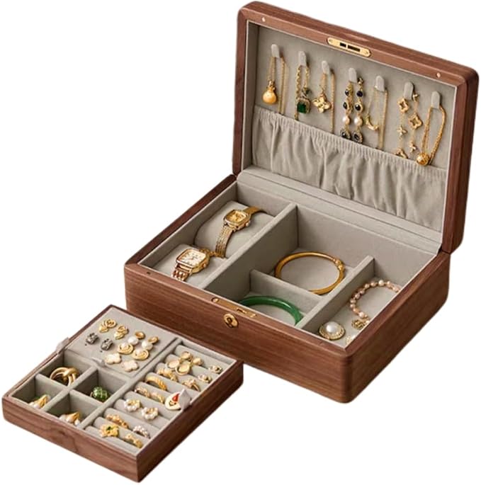 Bescott 2 Layer Solid Black Walnut Wooden Jewelry Box with Lock and Key for Women Wood Vintage Organizer for Men Earrings Rings Necklaces Bracelet Watch Storage