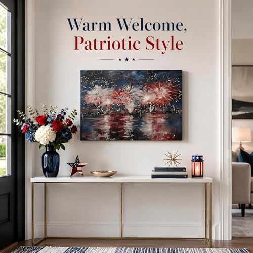 Patriotic 4th of July Fireworks Framed Canvas Wall Art, Red White Blue City Night Skyline Painting, Independence Day Holiday Decor for Living Room, Bedroom, Kitchen and Home Decoration