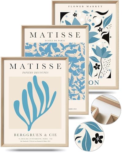 KensTro 12x16 Blue Matisse Wall Art in Wood Frames, Set of 3 | Set of 3 Blue Matisse-Inspired Prints with Natural Wood Frames, Vintage Botanical Decor for Living Room and Bedroom