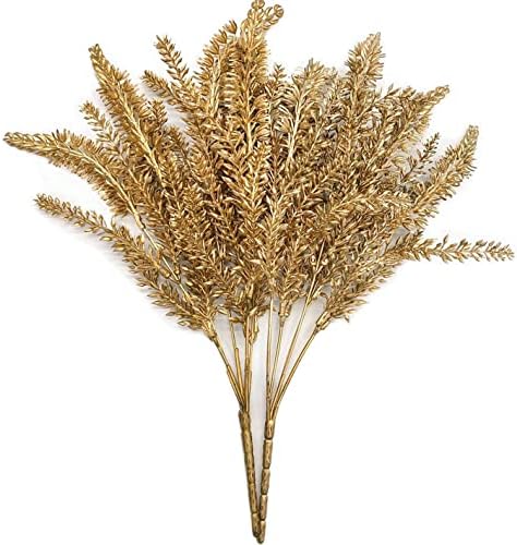 CATTREE Artificial Plants for Christmas Decoration, Plastic Grass Faux Shrubs Fake Lavender Leaves Simulation Wheat Ears Bushes Home Indoor Garden Wedding Hall Table Planter Filler - Gold 2 Pcs