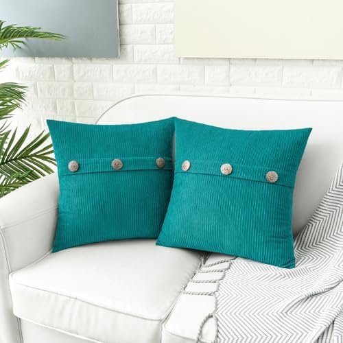 HWY 50 Teal Chenille Throw Pillow Covers 20x20 Inch Buttons Pack of 2