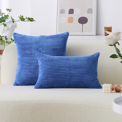 Home Brilliant Blue Pillow Covers Striped Corduroy Euro Sham 24 inch Throw Pillow Cover Decorative Pillow Cases for Bed, 24x24 inch, Blue
