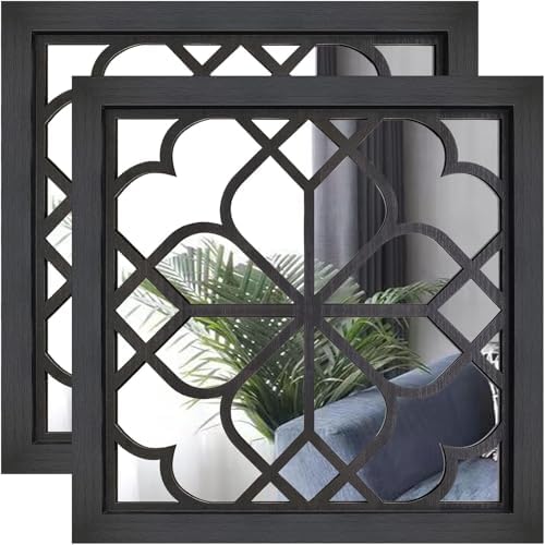 Wall Mirror Square Wooden Decorative Mirrors for Wall Farmhouse Living Room Hallway Entryway, 2 Pcs, 12inch x 12inch