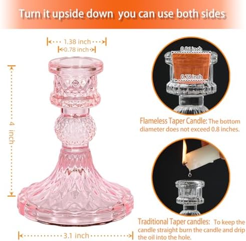 Pink Glass Candlestick Holders, Taper Candle Holders, Set of 6