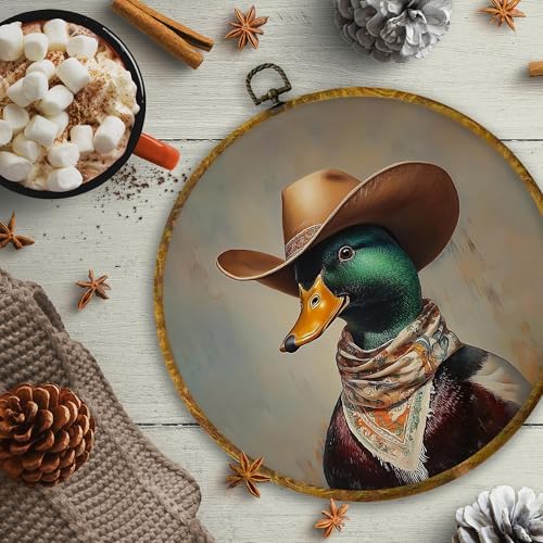 CUANFDDSF Western Cowboy Mallard Duck Round Wall Art, Rustic Farmhouse Funny Animal Framed Hanging Wall Decor, Whimsical Cowboy Country Duck Canvas Prints Decorations for Gallery Bedroom, 10x10 Inch