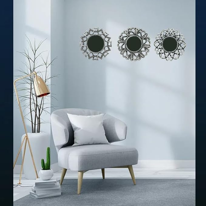 Retro Silver Mirrors for Wall Pack of 3. Round Mirrors. Decorative Mirrors.Small Wall Mirrors for Decor Home Decor Plastic Frames.Glass Mirrors.Make Old Silver Color.