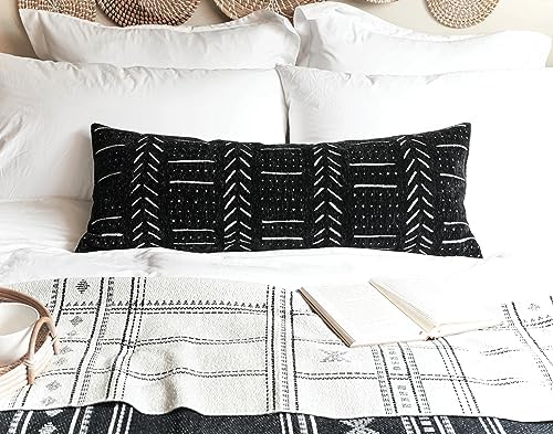 BLISSBLUSH Black Decorative Lumbar Pillow Cover 14X36, Boho Lumbar Throw Pillow For Bed, Long Decorative Pillow Case, Modern Accent Throw Pillow, 14 x 36 Textured Lumbar Pillow Decorative (COVER ONLY)