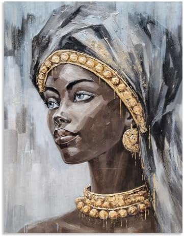 Yihui Arts Golden Elegance Hand Painted Textured African Woman Portrait Wall Art Artistic Masterpiece for Sophisticated Spaces