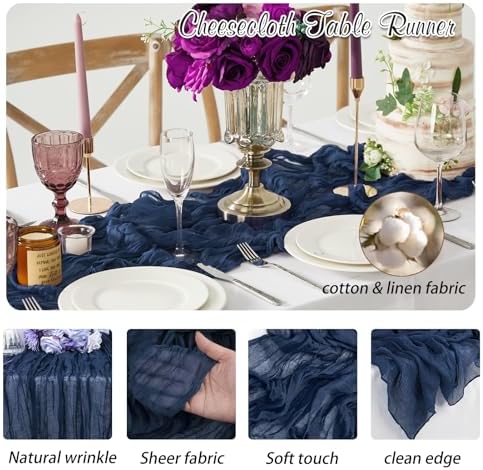 Navy Blue Cheesecloth Table Runner 6 Pack 35" Boho Gauze Runner 120 inches Long Runner Rustic Sheer Fabric Bulk for Baby Shower Wedding Bridal Birthday Party Table Decorations