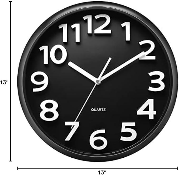 Plumeet 13'' Wall Clock, Large Battery Operated Wall Clocks Silent Non-Ticking Quartz, Modern Style Suitable for Bedroom Living Room Office Decor - 3D Numbers Display Easy to Read, Black
