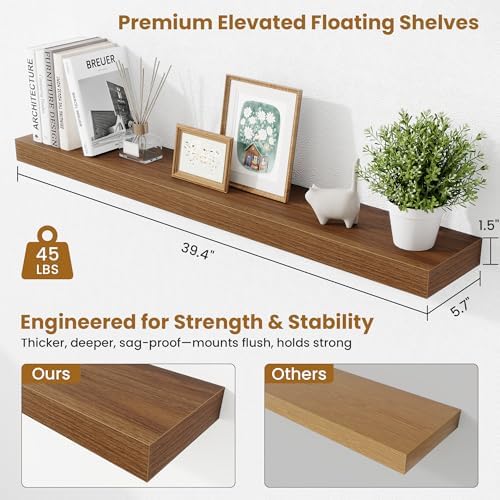 Fun Memories 40 Inch Floating Shelves, Long Wood Wall Shelf Set of 2 with Invisible Brackets, for Bathroom, Living Room, Bedroom, Kitchen, Walnut