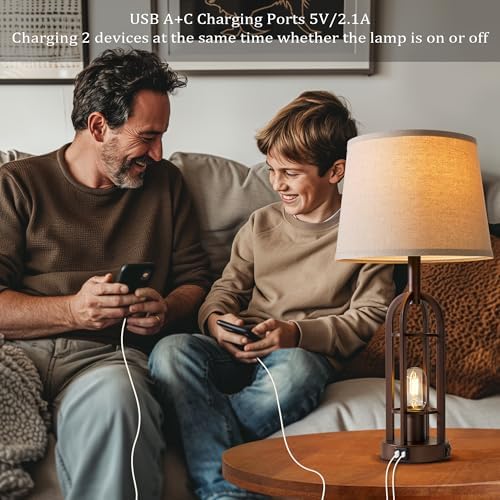 SRJJA Table Lamps for Living Room End Table Set of 2 - Farmhouse Industrial Bedside Lamps for Bedroom Nightstand with Nightlight and USB A+C, 4 Bulbs Included
