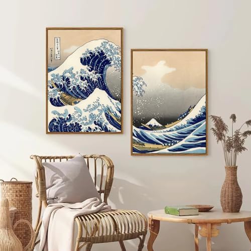 2 Pack Framed Japanese Great Wave Canvas Wall Art for Living Room 16"x24" | The Great Wave, Japanese Wall Art, Vintage Wall Art, Great Wave off Kanagawa, Japanese Decor Waves, Home Decor, Kanagawa Art