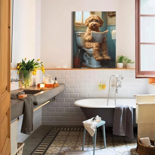 Yaneiro Funny Bathroom Canvas Wall Art-Set of 2 Poodle On Toilet Reading Newspaper Wall Decor Goldendoodle In Shower Humor Animal Poster Picture for Dog Lovers Restroom Ideas Decor 16x24 Inch Framed