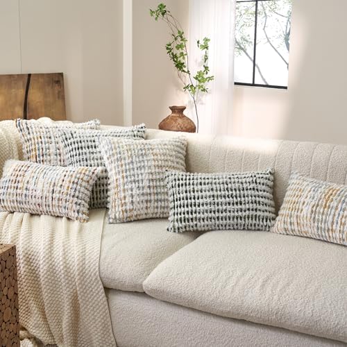 Aeckself Boho Chenille Tufted Pillow Cover 12 x 20 Inch, Rectangle Decorative Lumbar Throw Pillow Cover Neutral Pillowcase for Couch Bedroom Living Room, Yellow White