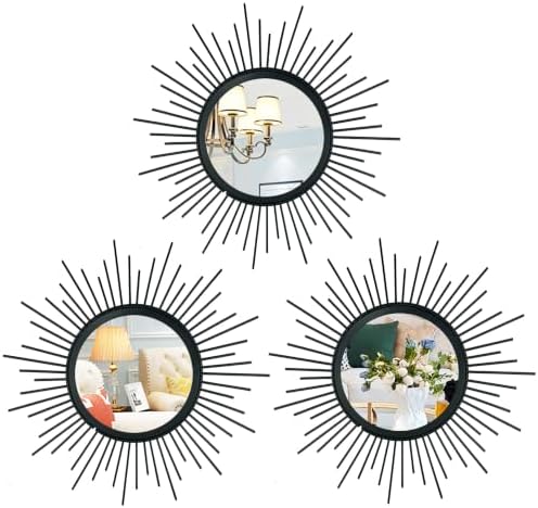 3 Pack Metal Mirrors for Wall Sunburst Wall Mirrors Home Décor Decorative Hanging Wall Art for Living Room Bedroom Entryway (Black, Sunburst)