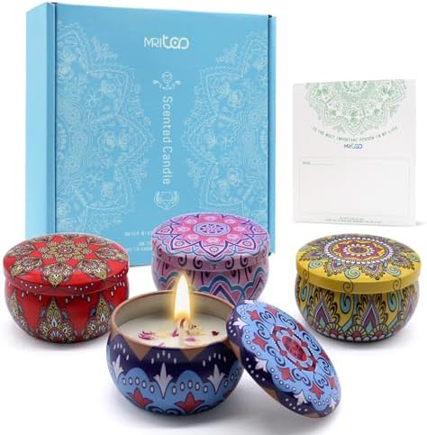 Scented Candles Gift Set for Women 4 Pack Soy Wax Candles with Dried Flowers Reusable Tin Aromatherapy Relaxation Gift for Birthday Mothers Day Valentines Day