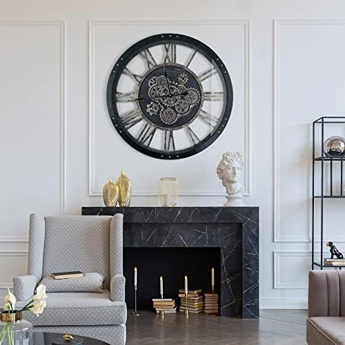 27 Inch Moving Gear Wall Clock, Oversized Wall Clocks, Clock Living Room Decor, Solid Wood Frame, Battery Operated, Large Wall Clock with Steampunk Industrial for Fireplace(Black)