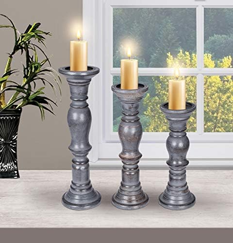 Rustic Candle Holder Set of 3 – 10", 8", 6" – Burnt Finish Wooden Pillar Stands for Wedding, Party, Home Décor, Spa – Country Style Gift for Table Centerpiece