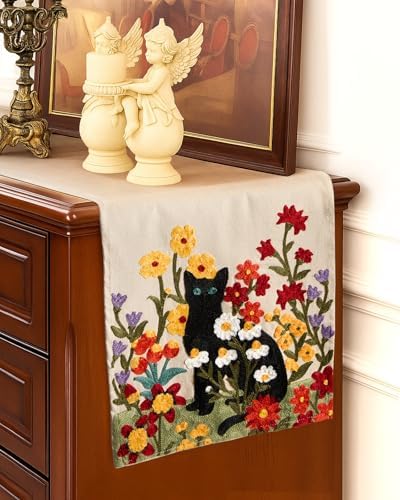 Canvas Embroidered Narrow 13"x 72" Table Runner, Cat in Flower