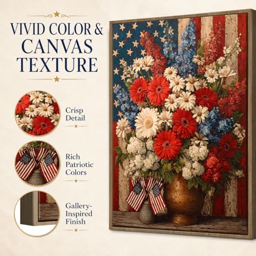 American Flag Framed Canvas Wall Art, 4th of July Patriotic Canvas Prints | Boy Holding USA Flag Poster Print, Modern Independence Day Wall Decor for Living Room Kids Room Dining Room Office 6×8in