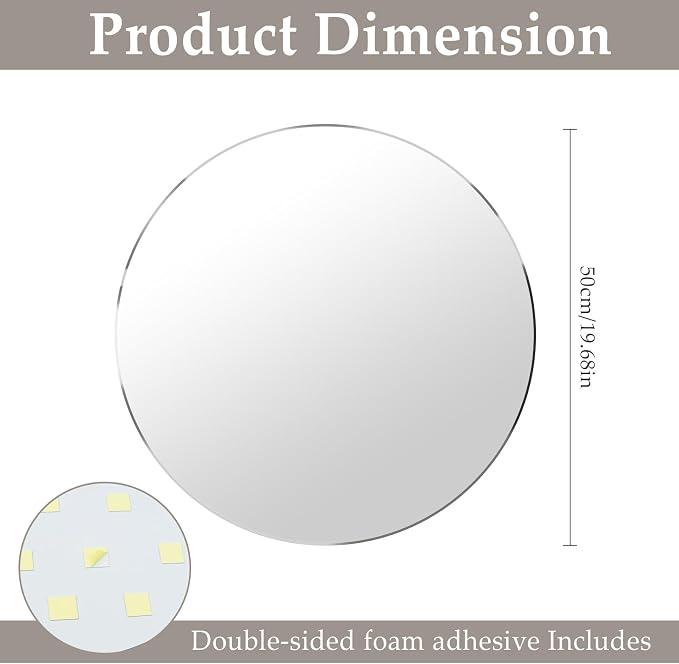20'' Glass Round Mirror for Wall Decor, 2mm Circle Bathroom Mirror | Wall Mounted Circular Mirror Tile for Bathroom, Living Room, Vanity, Bedroom, Entryway, Over Sink, Hallway, Home Decor