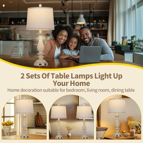 CINSARY 28" Tall Farmhouse Table Lamps for Living Room Set of 2,Vintage Rustic Beige Bedside Touch Lamp with USB C+A Ports & AC Outlet, 3-Way Dimmable Resin Nightstand Lamp for Bedroom Entryway Office