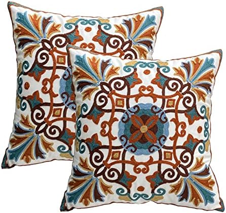 Boho Throw Pillow Covers 18x18 Summer Decor Pillowcases Modern Embroidered Cushion for Outdoor Couch Sofa Living Room Farmhouse Picnic 2 Pcs