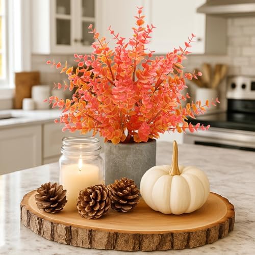Coferset 2 Pack Small Fake Plants Eucalyptus Potted,Fall Orange Large