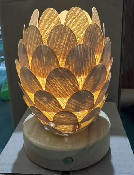 Boho Wooden Flower Table Lamp with Handmade Natural Base, Small Vintage Woven Rattan Wicker Nightstand Cute Desk Lamp, Bedside Bamboo End Table Lights for Bedroom, Living Room, Kitchen Island