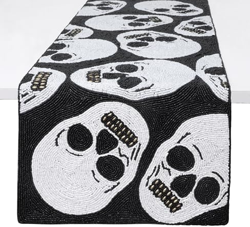 COTTON CRAFT Halloween Beaded Table Runner - Black White Skulls 13x36 inch