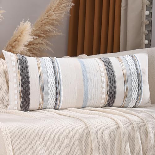 Boho Lumbar Throw Pillow Cover 14x36 Grey Blue White